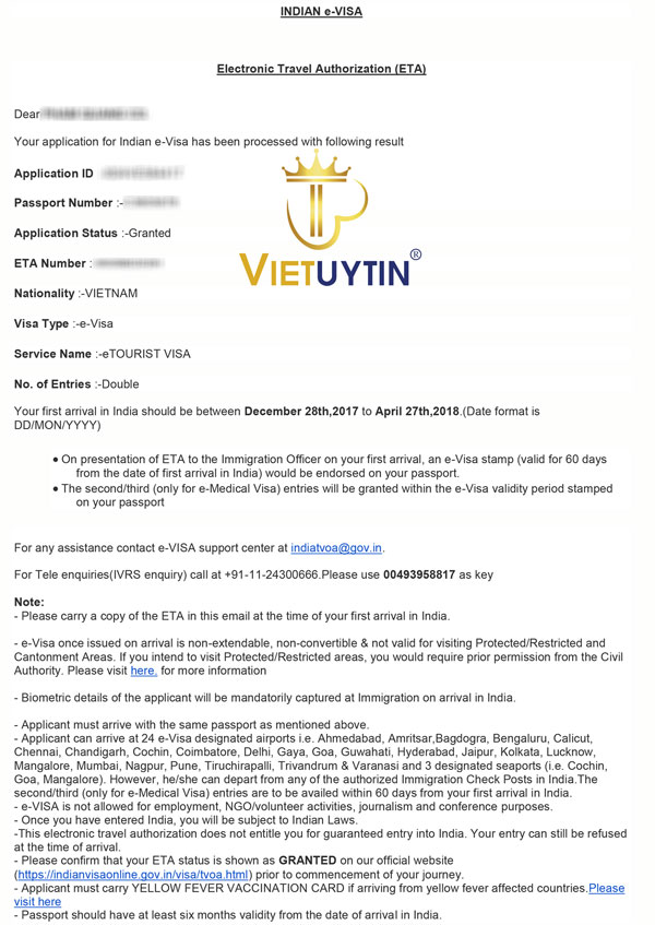 Visa điện tử Ấn Độ của khách hàng Việt Uy Tín