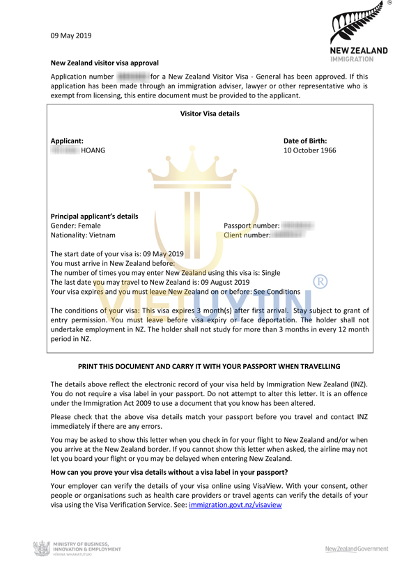 Visa thăm thân New Zealand của cô Hoa