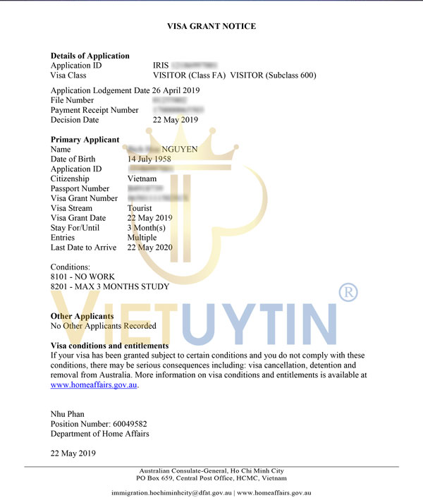 Visa thăm thân Úc của cô Nguyên