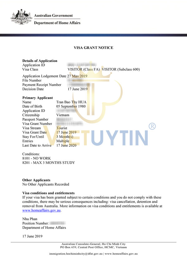 Visa du lịch Úc của chị Thy