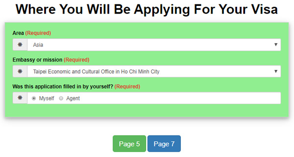 Bước 6, điền các thông tin về Where You Will Be Applying For Your Visa