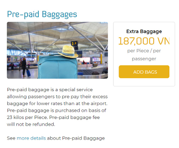 Kích vào Add Bags để chọn các gói hành lý mua thêm.